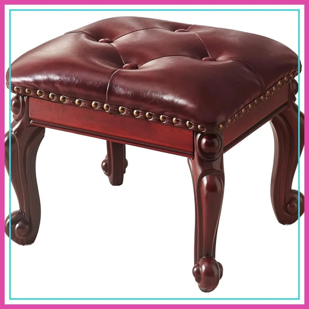 Poggiapiedi Ottomano, Piccolo Sgabello in Pelle, Pouf Vintage per Soggiorno, Sgabello Portascarpe in Legno Massello, Marrone Scuro