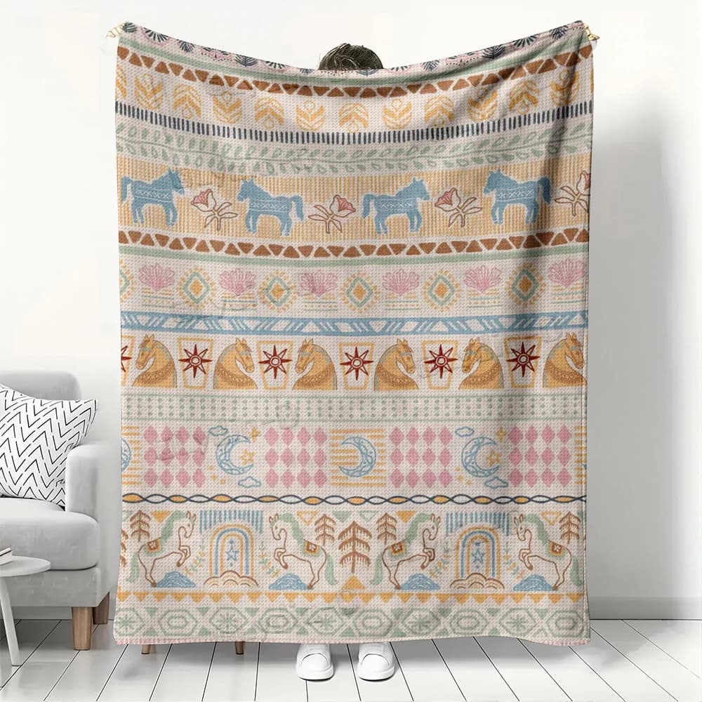 Coperta in Flanella con Motivo Etnico a Cavalli, Plaid Tribale a Righe, Morbida e Accogliente per Arredamento Boho, Regalo Caldo per Divano