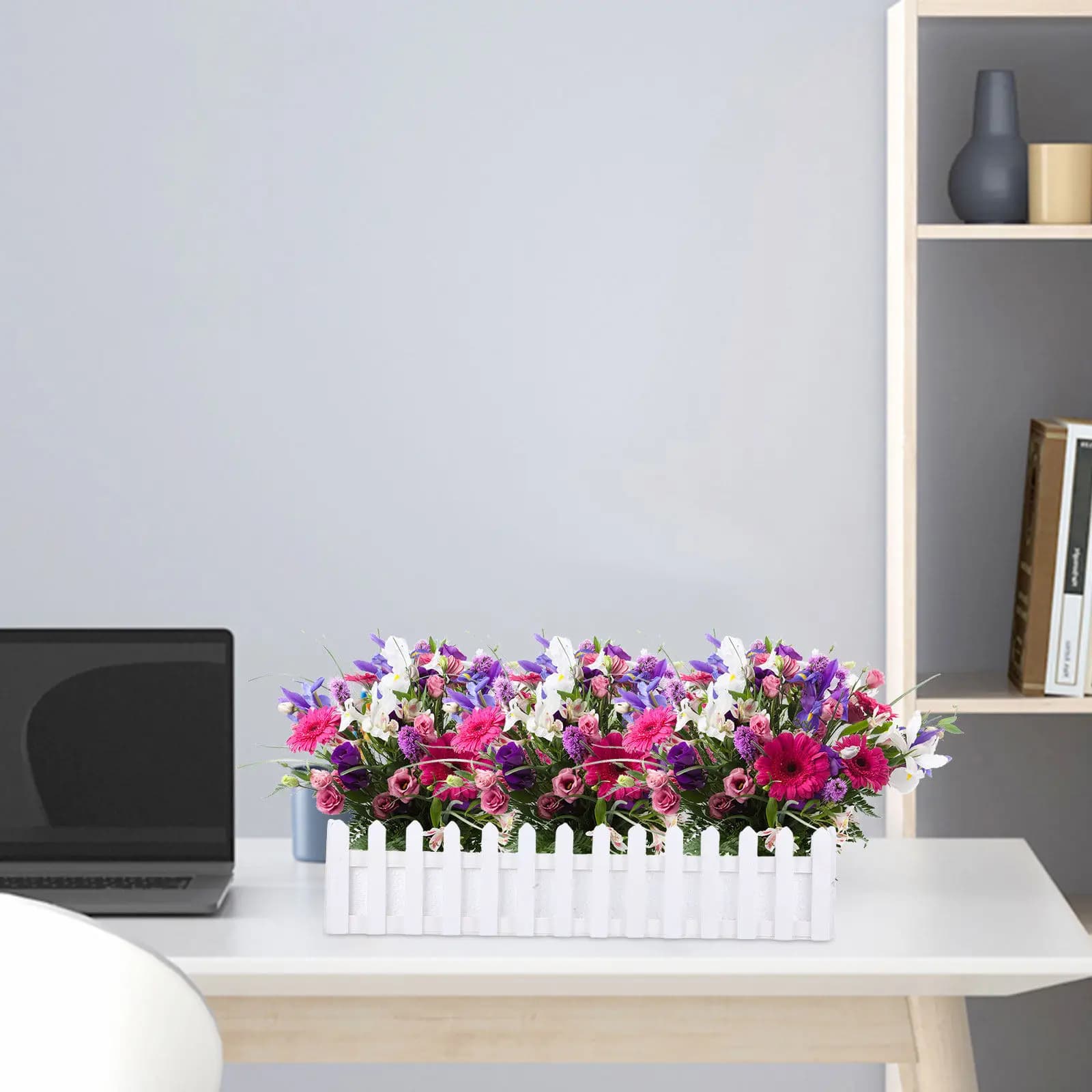 Rectangle Wooden Picket Fence Planter Box with Foam Insert Stable Base for Artificial Plants Garden Home Office Decoration