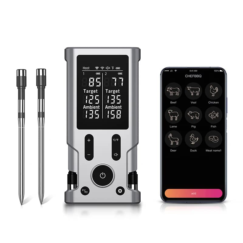 Termometro per carne wireless Bluetooth Termometro digitale per alimenti 2 sonde con schermo LCD per grill, affumicatore, friggitrice ad aria, girarrosto