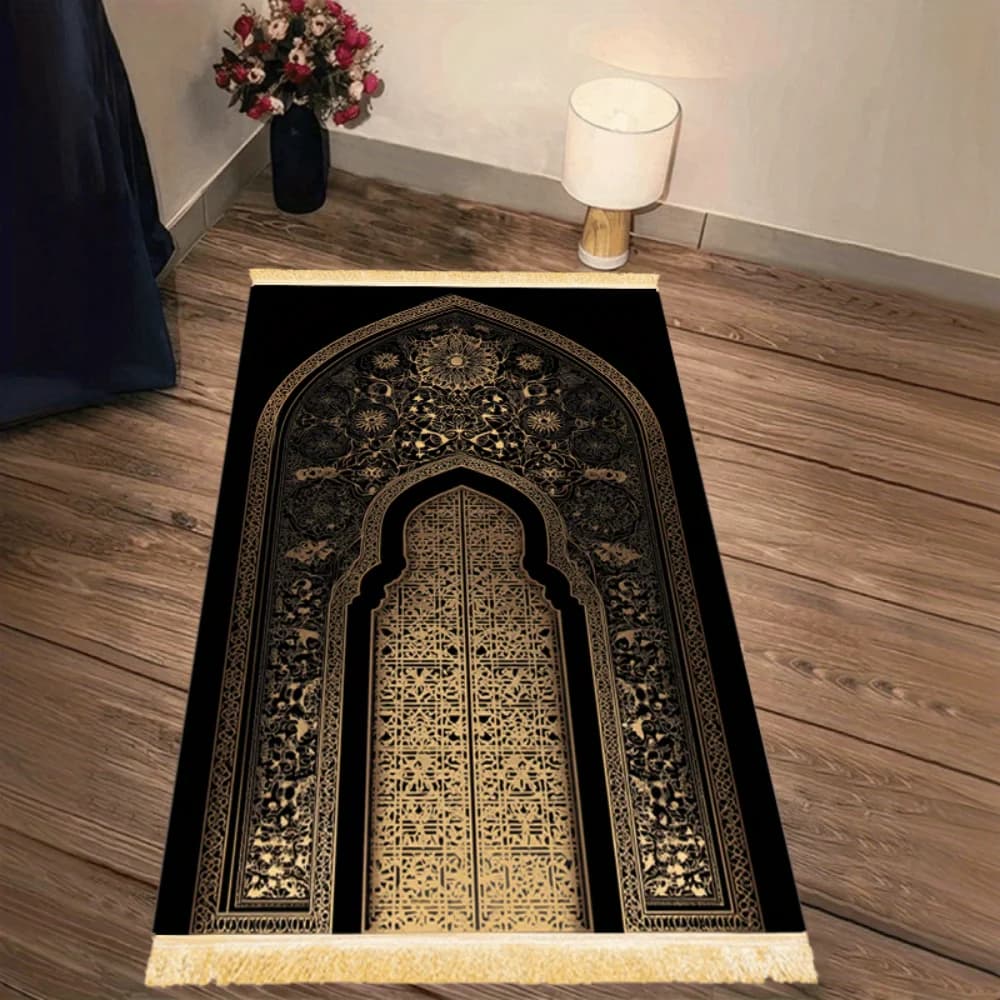 Islamic Prayer Carpet VIKAMA Black-Gold Lightweight Vintage Design Lavable Travel Portable for Eid Cult