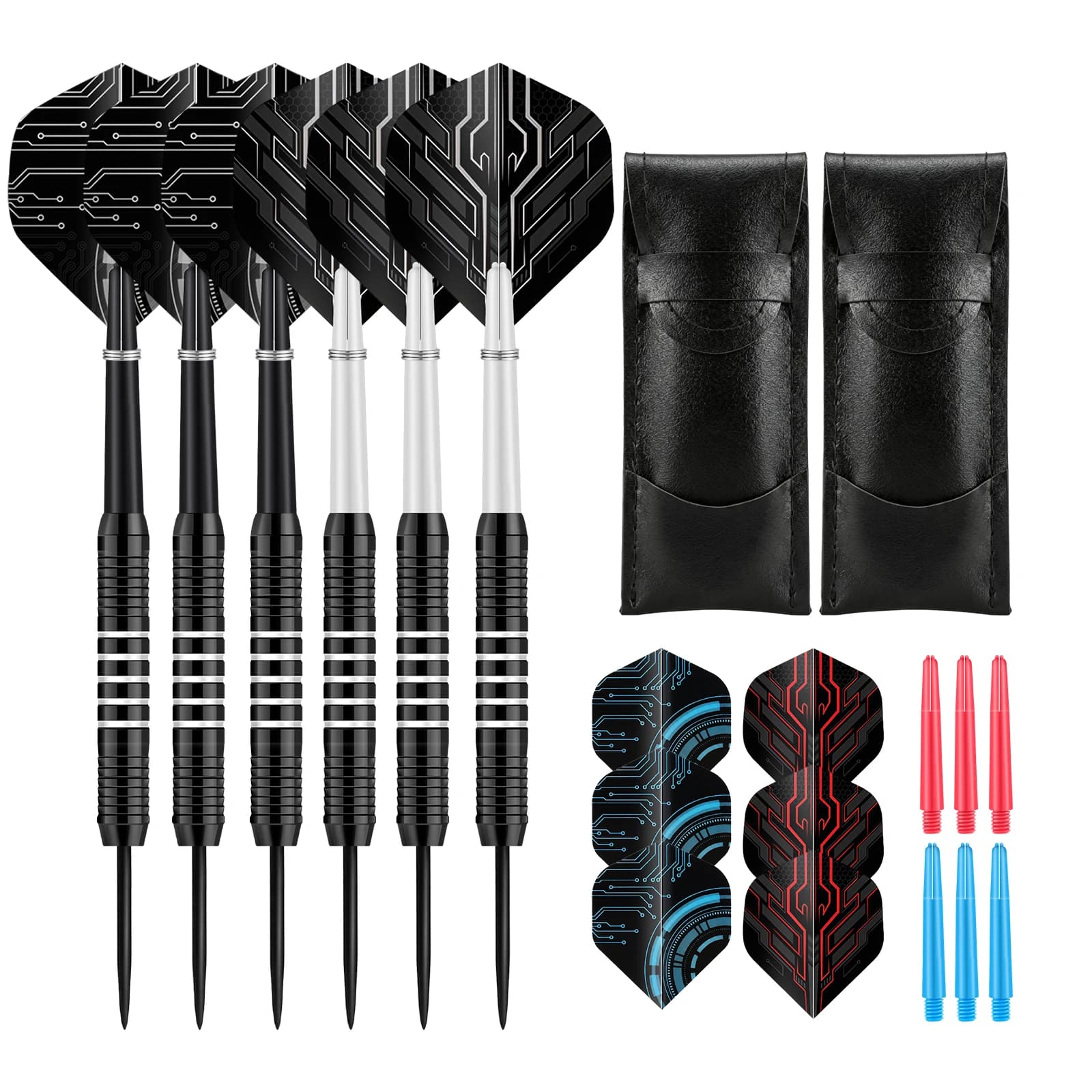 6pcs Iron Steel Tip Darts Set with Carry Case, Replacement Shafts & Flights, 24g Textured Grip, for Adults Training
