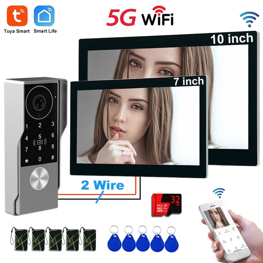 Sistema Videocitofonico 4-in-1 con Sblocco Tramite Password, WiFi 5G, Citofono a 2 Fili, Tuya Smart, Schermo Touch HD da 7/10 Pollici per la Sicurezza Domestica