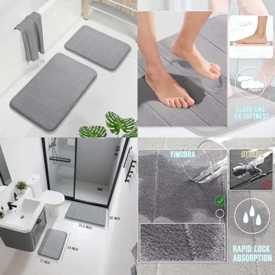 Set di Tappetini da Bagno in Memory Foam 2 Pezzi - Set di Tappetini Super Morbidi, Assorbenti e ad Asciugatura Rapida, Lavabili in Lavatrice, Antiscivolo per Vasca, Doccia e Lavabo Singolo (17x24 e 31.5x20 Pollici, Grigio)