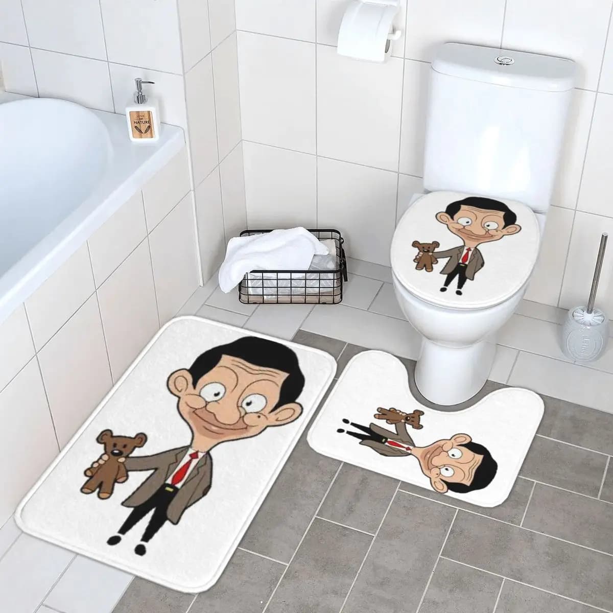 Mr Bean Cartoon Tappetino da bagno in 3 pezzi Set da bagno Copri coperchio per WC Decorazioni per la casa Tappeto antiscivolo