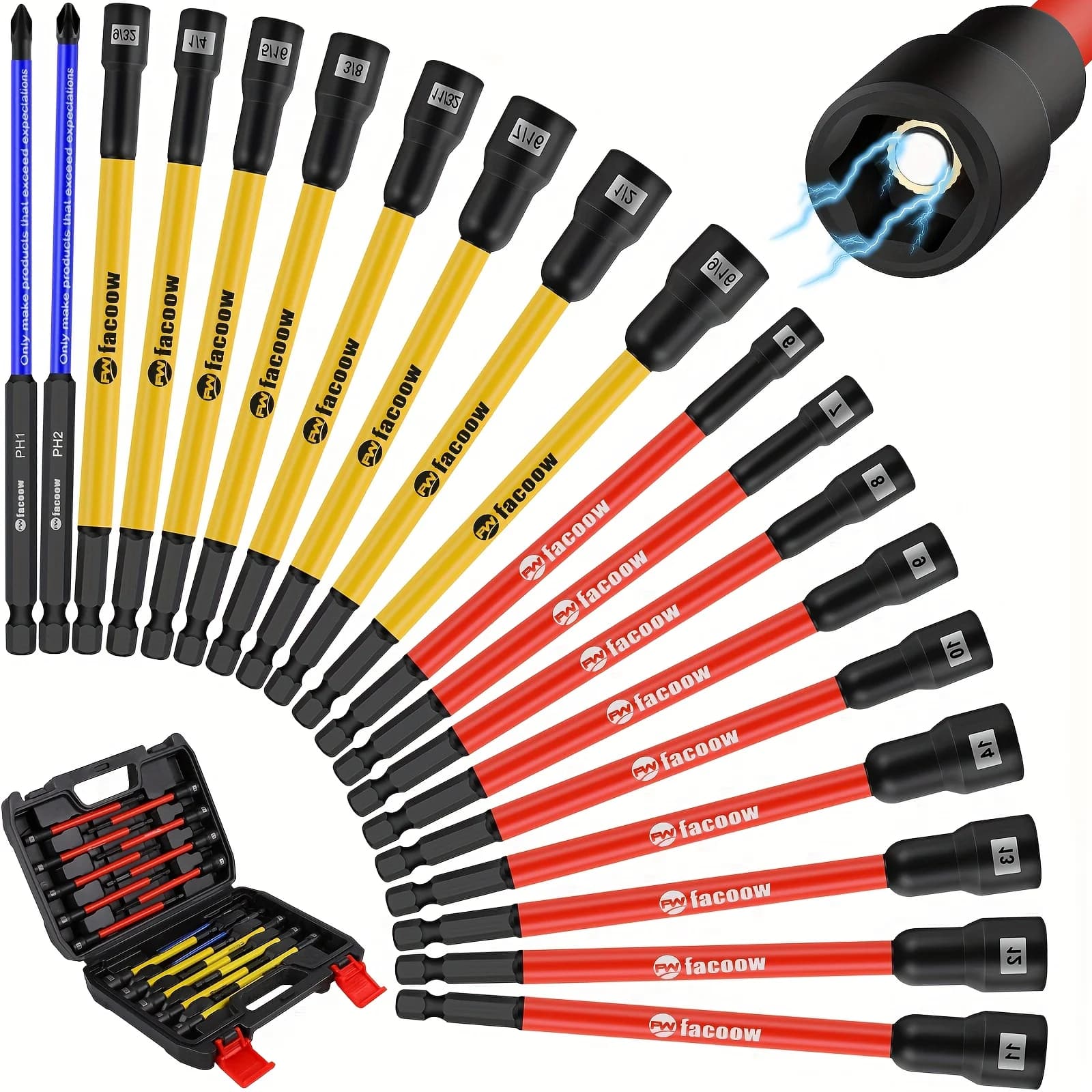 Set di chiavi a brugola magnetiche da 19 pezzi - Set di chiavi a brugola metriche e SAE, inclusi PH1 e PH2 per trapani a percussione - Set di chiavi a brugola lunghe 6 pollici con codolo esagonale da 1/4 di pollice, set di bussole magnetiche con robusta custodia per attrezzi per progetti professionali e fai-da-te