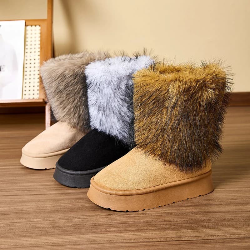 Stivaletti soffici invernali Piattaforma femminile Peluche Scarpe da donna di design di lusso Eleganti stivaletti da neve in pelliccia sfocata per interni ed esterni caldi