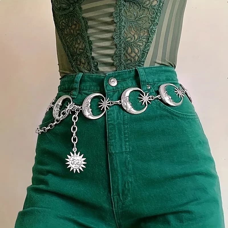 Women's Single Layer Mesh Bodycon Dress with Sun Moon Star Pendant Belt Accessories Corset Belt Luxury Belt