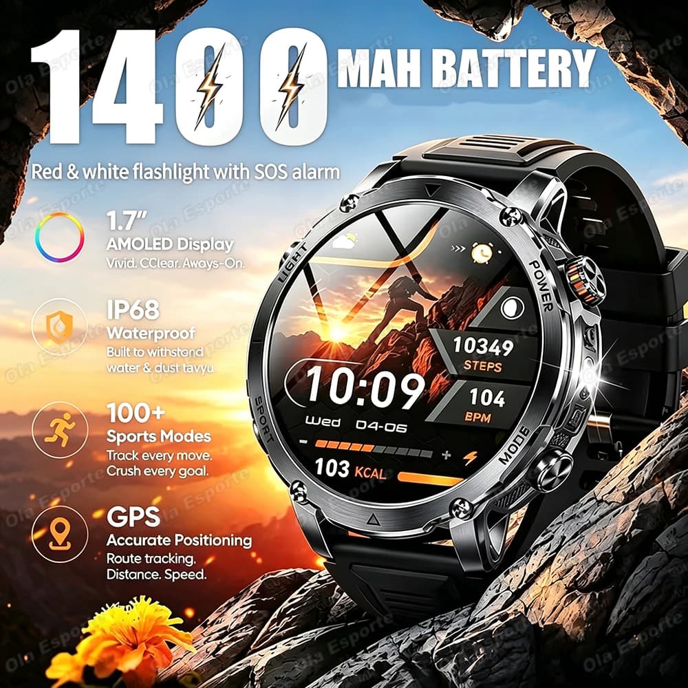Outdoor Smart Watch 1400mAh Large Battery Compass Waterproof Heart Rate Sleep Monitoring LED Flashlight Sports Smartwatch HT30