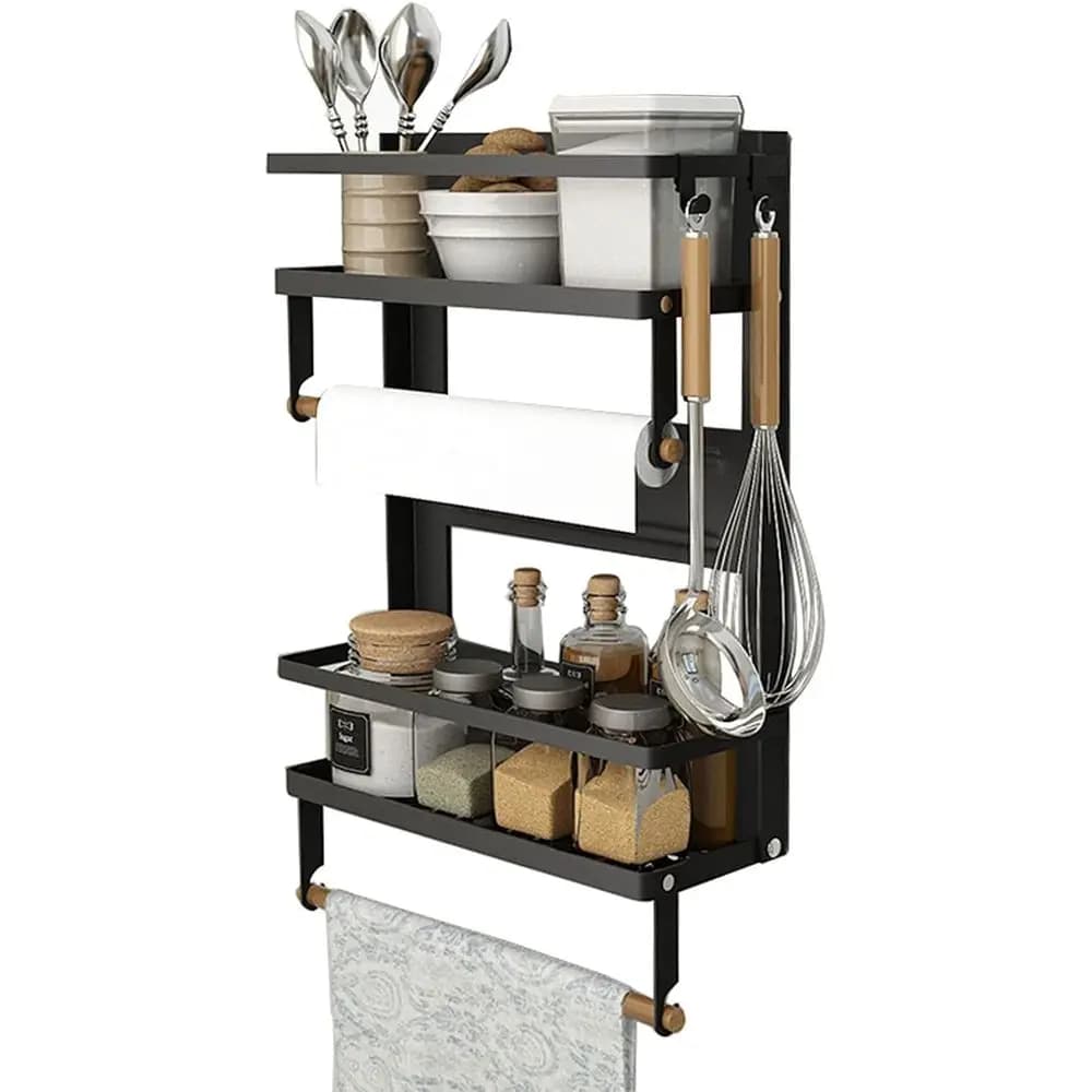 Magnetic Spice Rack, 4 Tier Kitchen Magnetic Shelf or Refrigerator Organizer with 2 Paper Towel Holders and 5 Removable Hooks, M