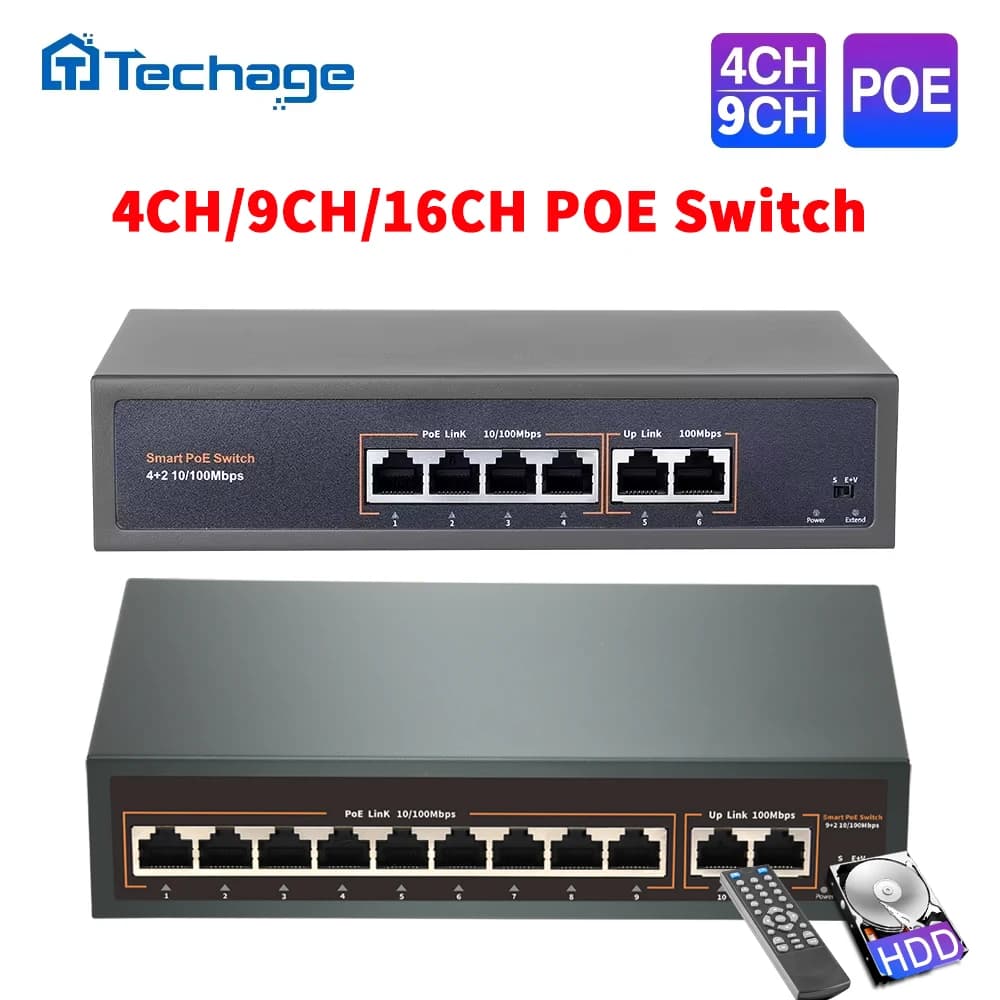 Techage 52V 4CH 8CH 16CH Switch POE di rete con 10/100Mbps IEEE 802.3 af/at su telecamera IP Ethernet/AP wireless/telecamera CCTV