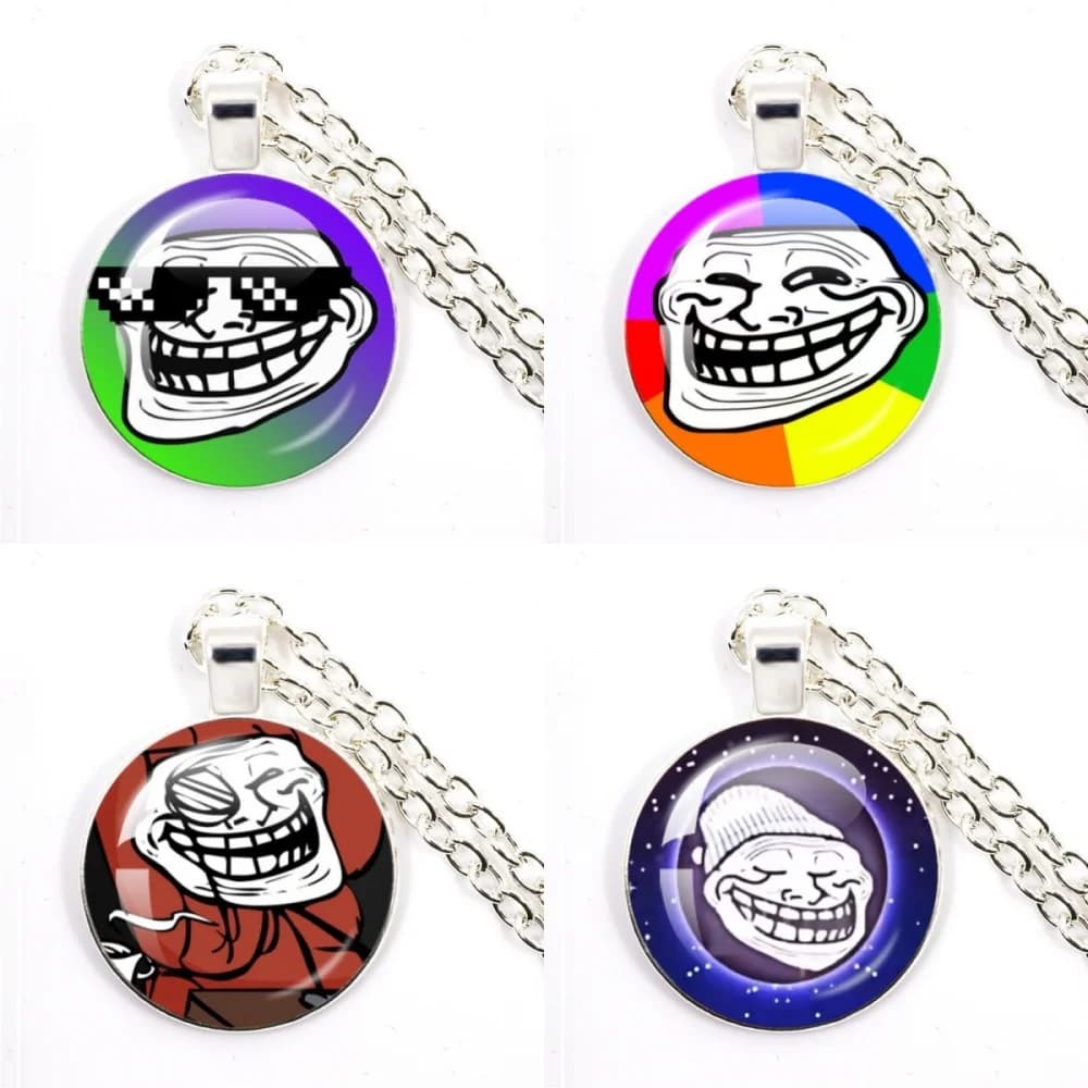 Rage Comic Derp Face Trollface Funny Meme Cartoon Glass Pendant Necklace - Chain Charm Jewelry For Fans Souvenir Collect Gift