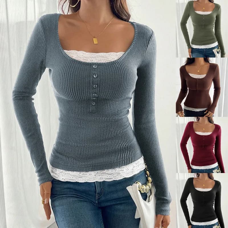 KIDCRKJ Lace Solid Casual Slim T-shirts For Women 2026 Spring Y2K Women's T-shirt Long Sleeve Blouses Tees Fashion Female Tops