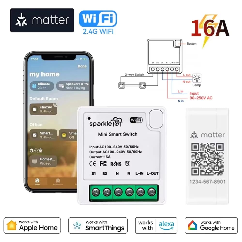 WIFI Smart Switch Matter 16A 1 CH Module Automation Relay Smart Breaker Voice Control Homekit Siri Alexa Google Home