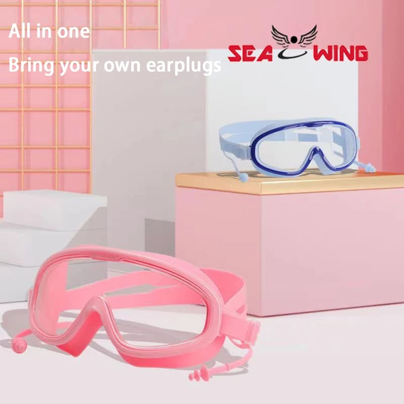 Swimming glasses with large frame, anti-fog, waterproof, professional, transparent, single-piece earplugs, for men and women