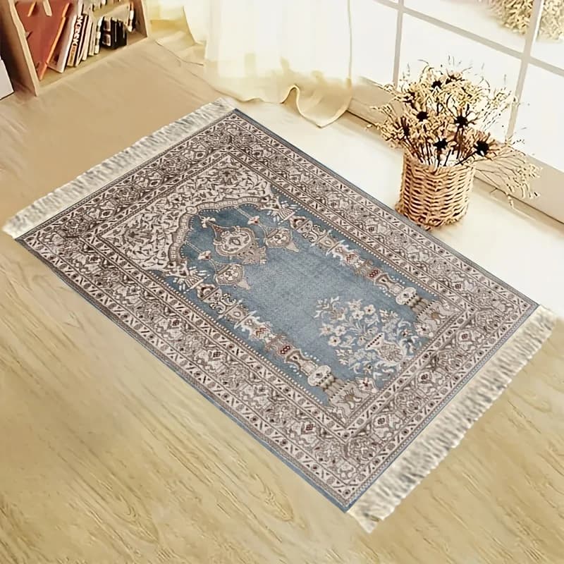 VIKAMA Retro Blu Islamic Prayer Carpet with Flowers, Anti-slip, for Family, Bedroom, Mosque, Portable Carpet for Culto