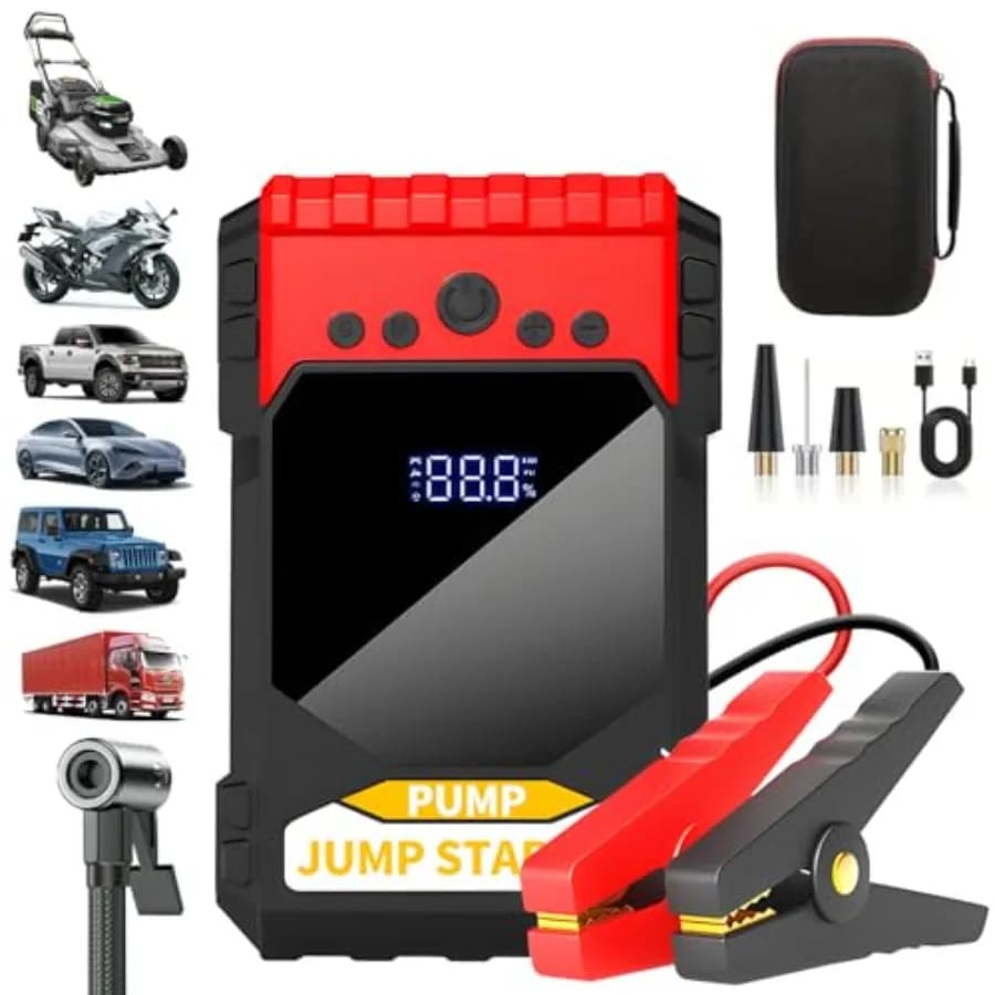 Avviatore di emergenza portatile da 12 V con compressore d'aria integrato per avviamento di emergenza batteria per auto da 6000 A adatto per gas 10,0 e Diesel E da 8,0 litri