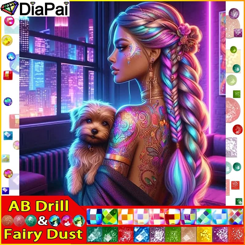 DIAPAI Fairy Dust AB Ricamo pieno di diamanti "Woman Dog Urban" Pittura diamante Modelli punto croce Strass Casa incompiuta