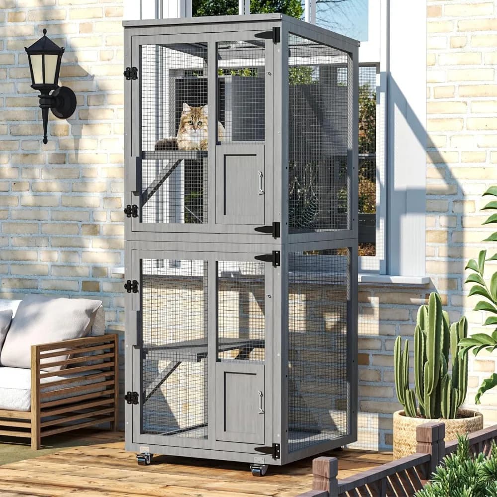 Custodia per gatti da esterno Catio a livello, casa per gatti da esterno con 4 ruote, accesso alla finestra dell'alloggiamento per gatti con pavimento rimovibile, aggiornamento