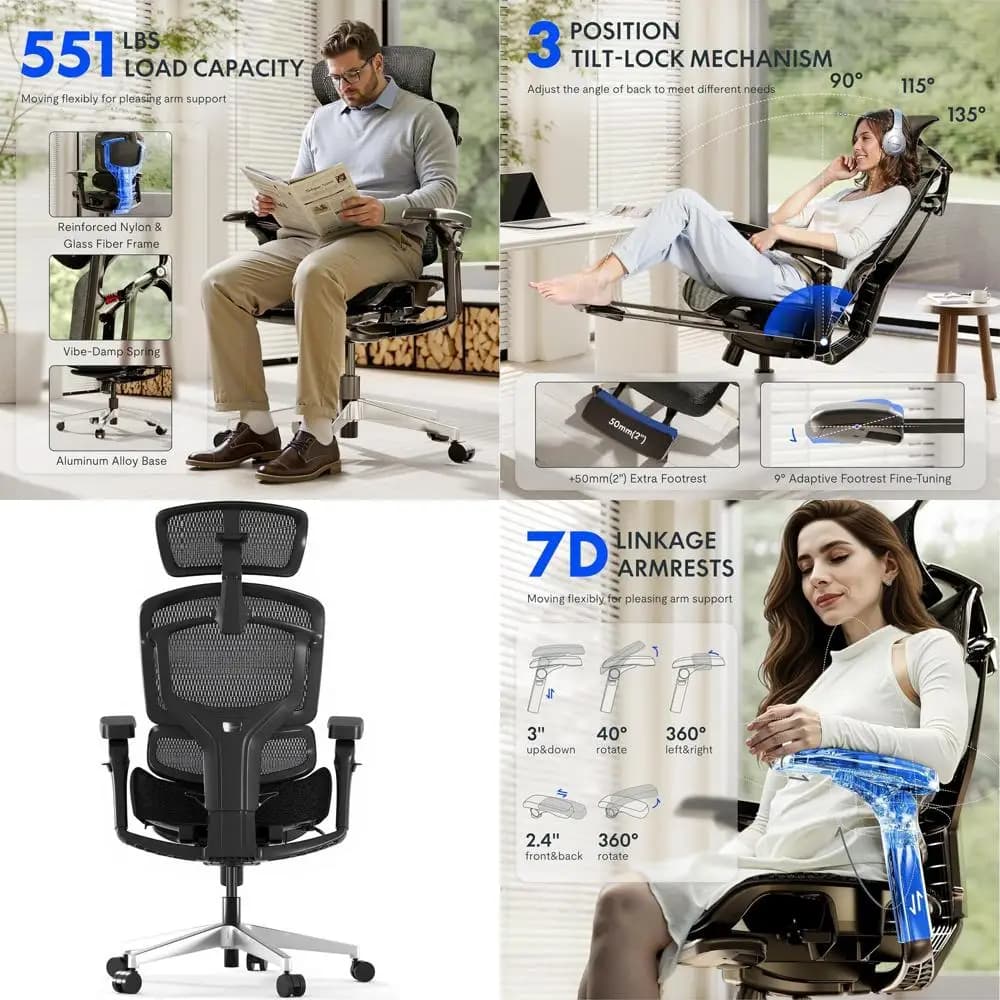 Ergonomic Office Chair with Cloud Cushion, Lombare 5D Support, 7D Arms, 4D Seat, Capacity 250 kg – Ideal for Office, Gaming