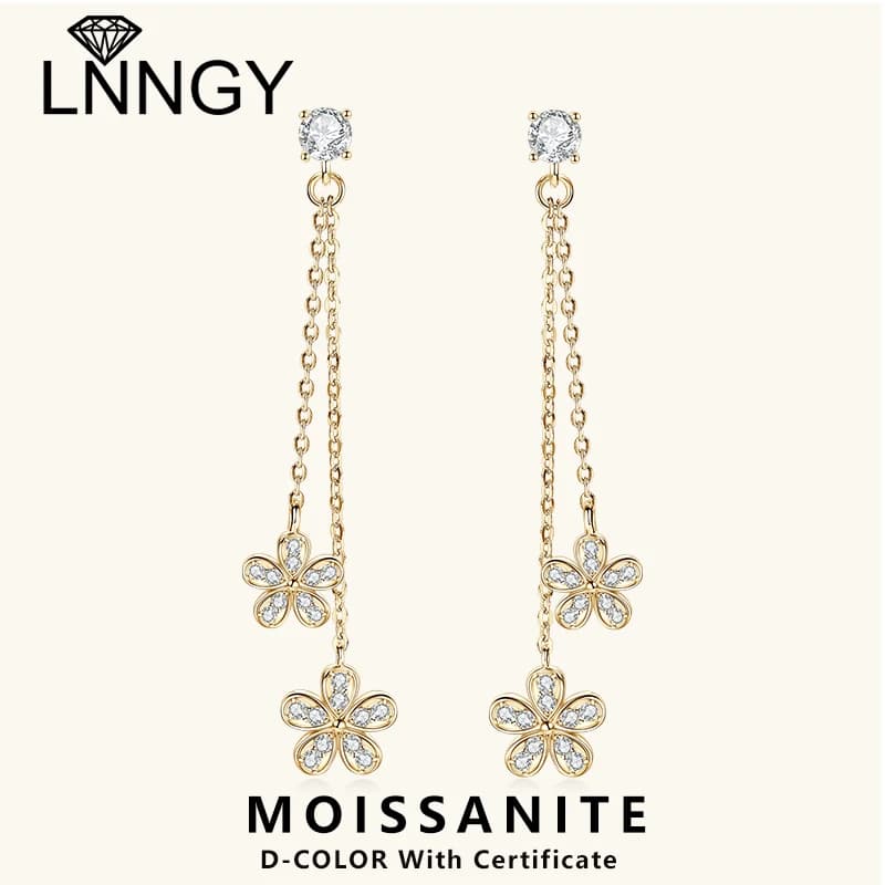 Lnngy 4mm Moissanite Flower Dangle Earring For Women Girls Original 925 Sterling Silver Chain Tassel Earring Fashion Jewelry