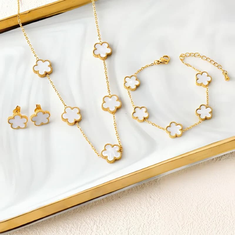 White Tone Five Petal Flower Earring Necklace Bracelet 4Pcs Set Stainless Steel Minimalist Elegant Women Jewelry Set