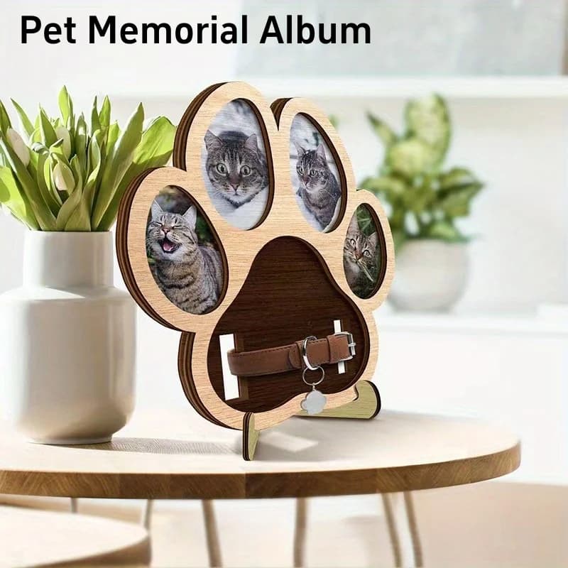 Paw Print Wooden Pet Memorial Photo Frame Multi Photo Collage Display With Collar Holder Tabletop Decor For Dog Cat Pet Lovers
