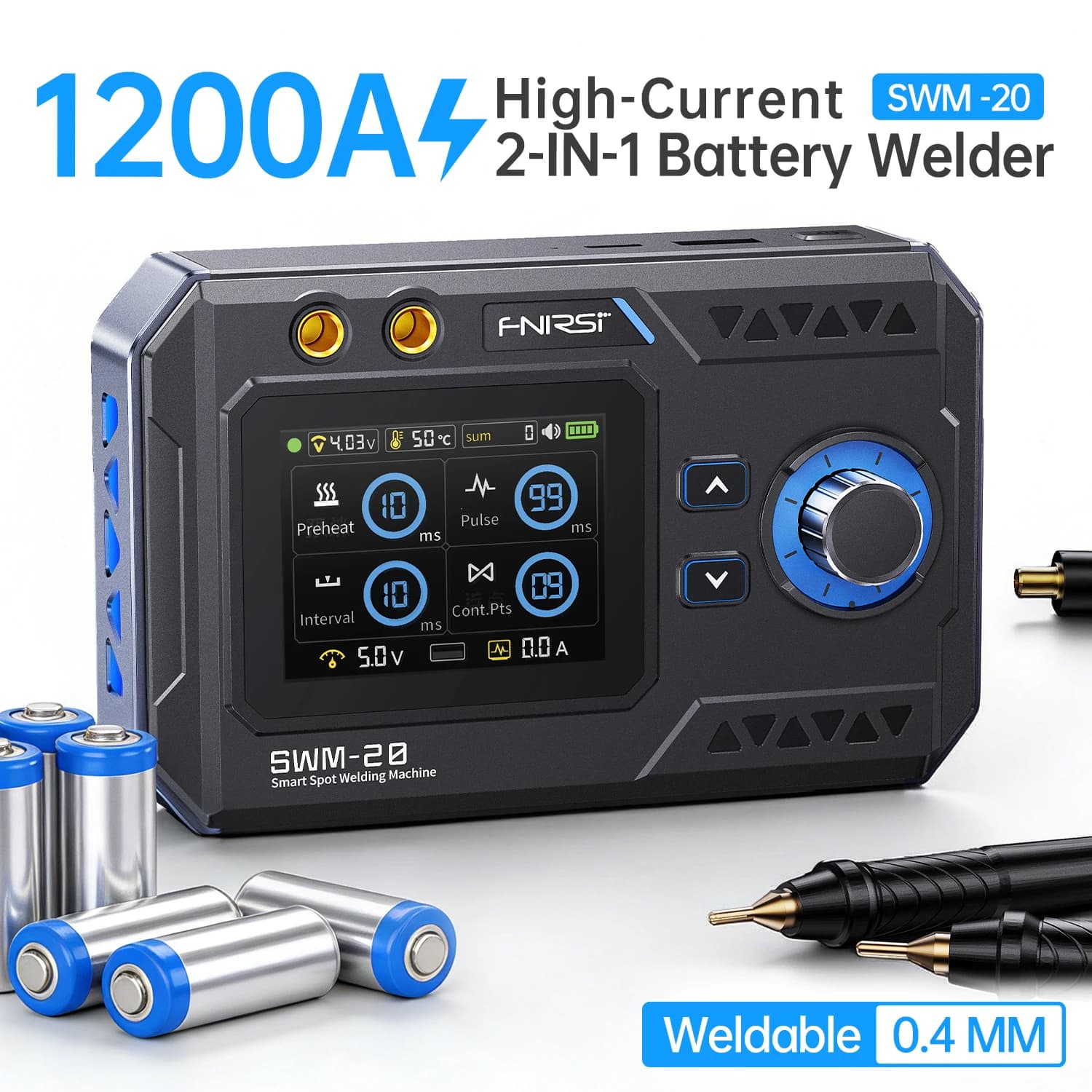Saldatrice a Punti FNIRSI SWM-20 1200A a Doppio Impulso per Batterie, Macchina per Saldatura di Lamiere di Nichel da 0.1-0.5mm, Saldatrice Portatile per Pacchi Batteria 18650, Strumento Fai-da-te