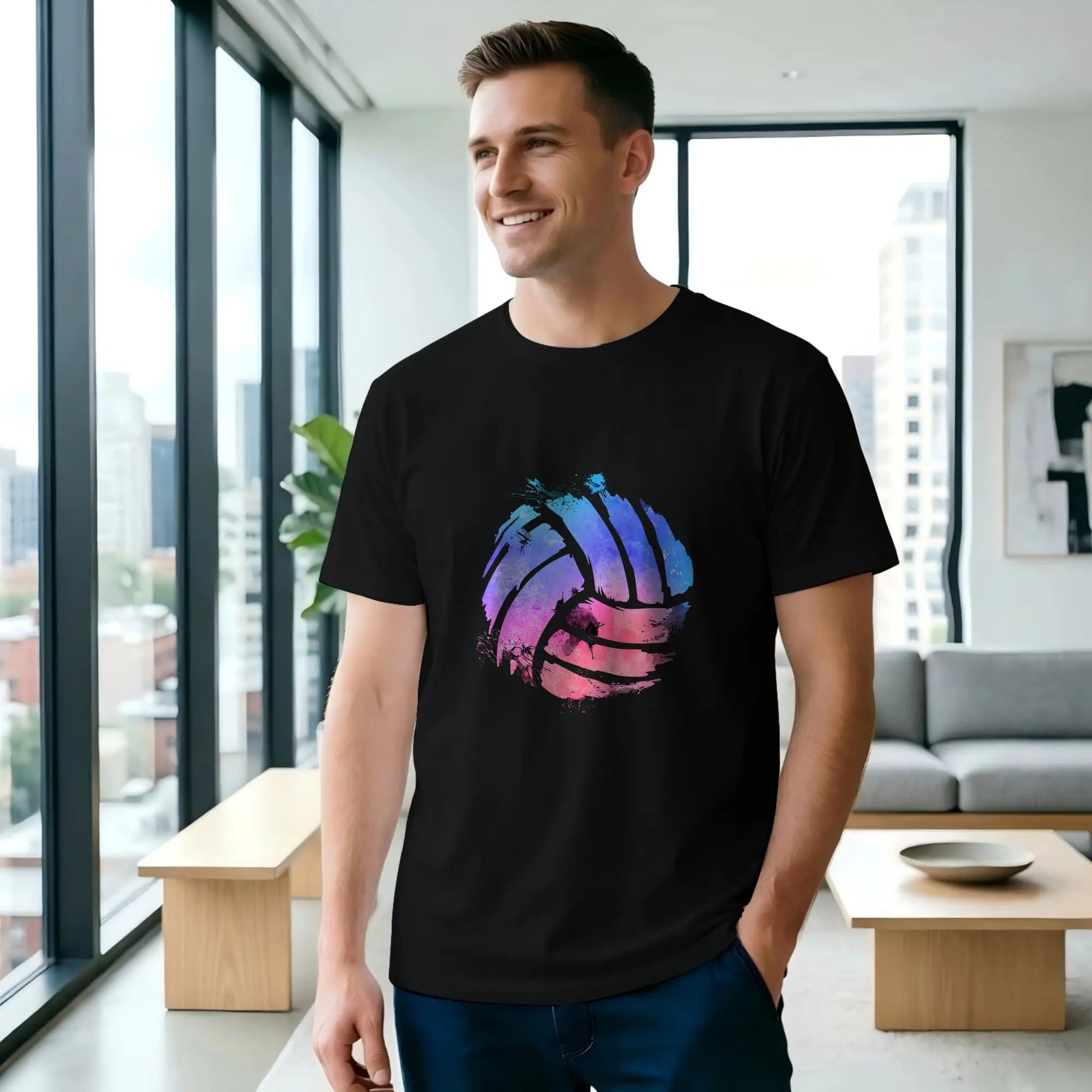 T-shirt da uomo Watercolor Volleyball Love, T-shirt casual da pallavolo, manica corta, colletto rotondo, in cotone, abbigliamento unico