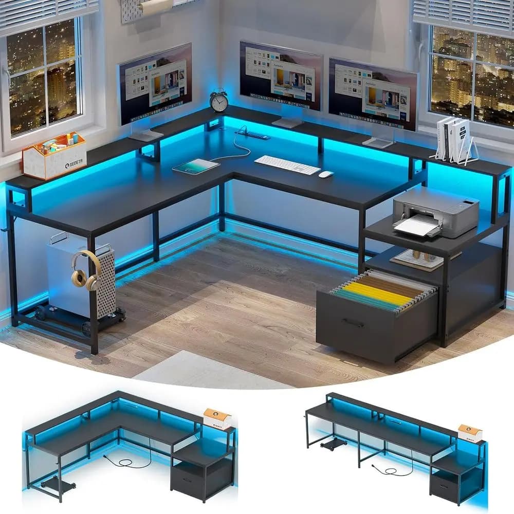 Scrivania da Gaming per Due Persone con Finitura Effetto Legno, Luci LED, Ripiano per Monitor e Spazio per Stampante