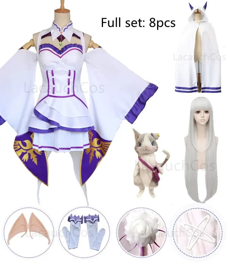 CosplayAnime Emilia Dress Re Zero: Vita in un mondo diverso Emilia Abito cosplay Parrucca mantello Orecchie da elfo Costo cosplay festa di Halloween