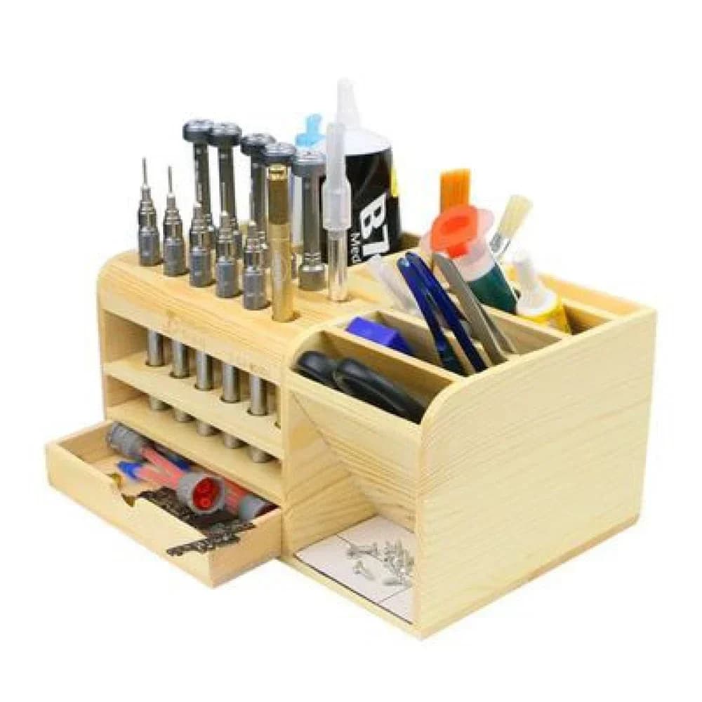 Scatola portaoggetti per attrezzi in legno per piccole parti, cacciavite da tavolo, pinzette, pinze, supporto per rack, contenitore per porta strumenti di riparazione del telefono