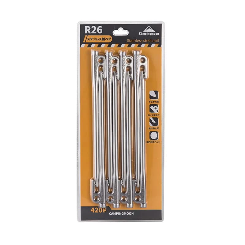 CAMPINGMOON R26-8 26CM High Strength Stainless Steel Outdoor Metal Tent Pegs for Camping Beach Snow Activities