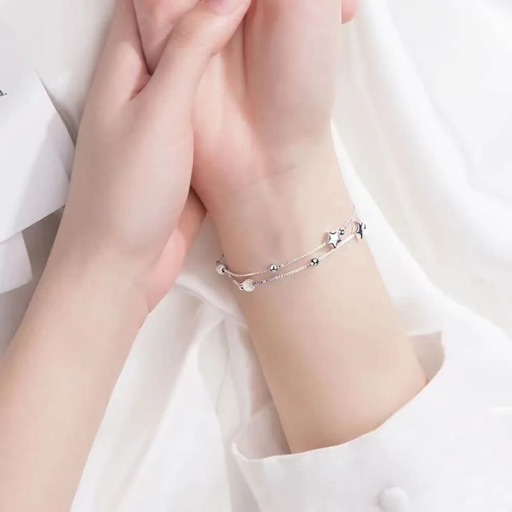 Bracciale Semplice Multistrato con Ciondoli, Gioielli a Doppio Strato con Foglie in Rame, Braccialetti con Perle Portafortuna Stile Lusso Leggero a Stella, per Uso Quotidiano