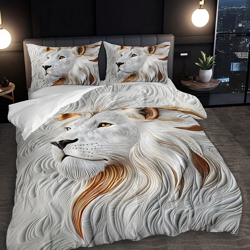 Set copripiumino 3 pezzi grigio 3D leone animale, 100% poliestere, biancheria da letto traspirante per tutte le stagioni con 1 copripiumino e 2 federe