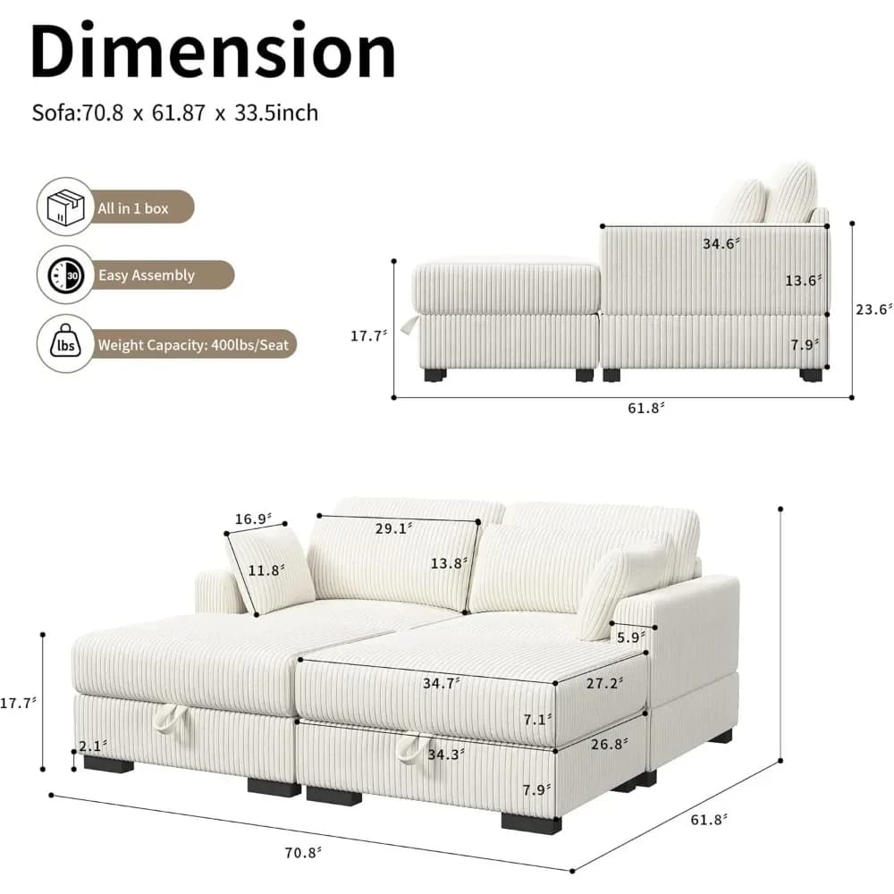 70" U Shaped Corduroy Couch with 4 Pillows Movable Ottoman Modular Sectional Sofa