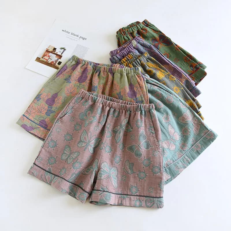 Pantaloni del pigiama con stampa tinta in filo Vintage per pantaloncini da notte in cotone estivo da donna tasche larghe sottili fondo elastico in vita