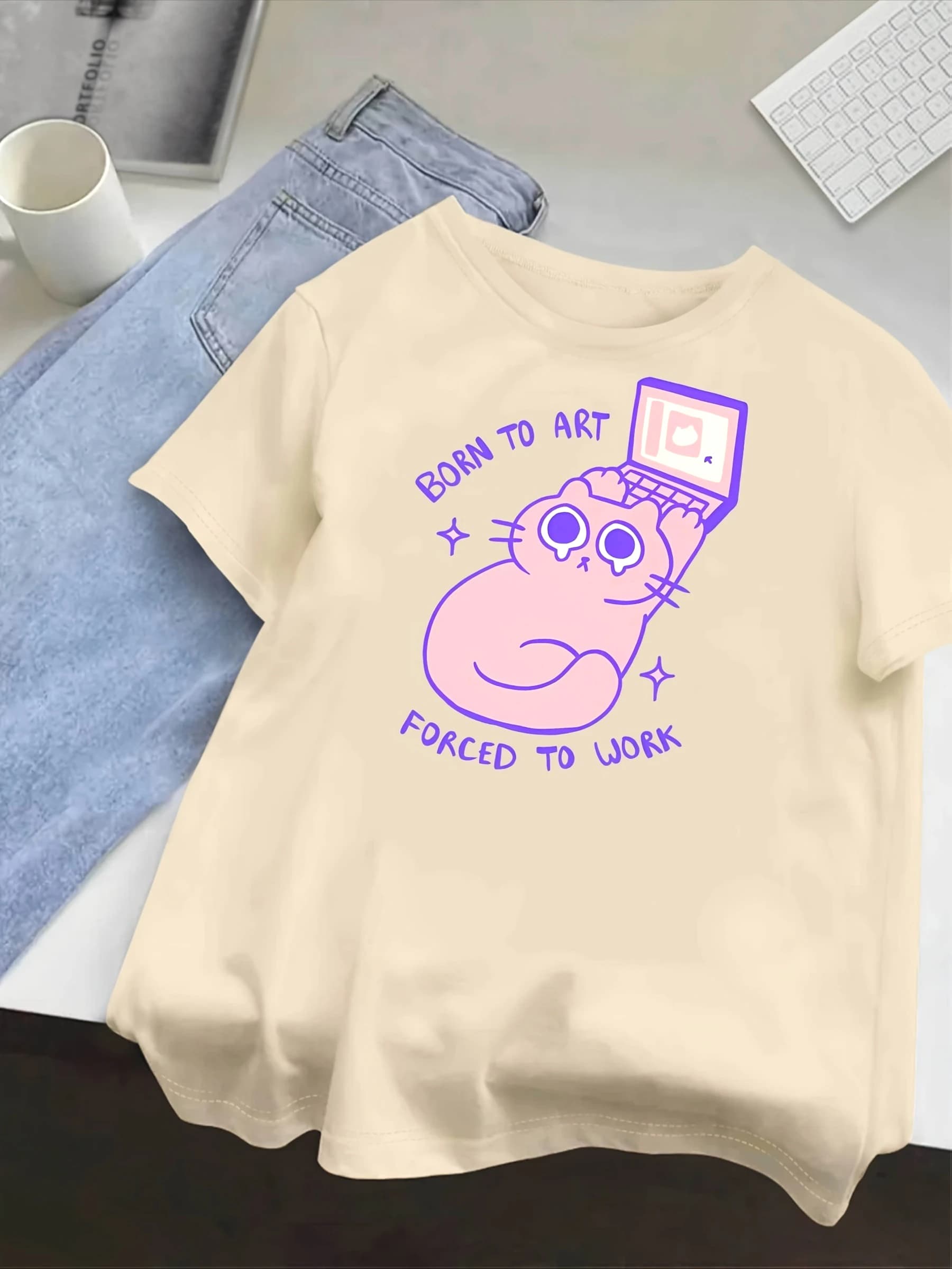 Cartoon Crying Cat Stampa T-shirt moda girocollo T-shirt casual a maniche corte Estate Harajuku Streetwear Top T-shirt moda