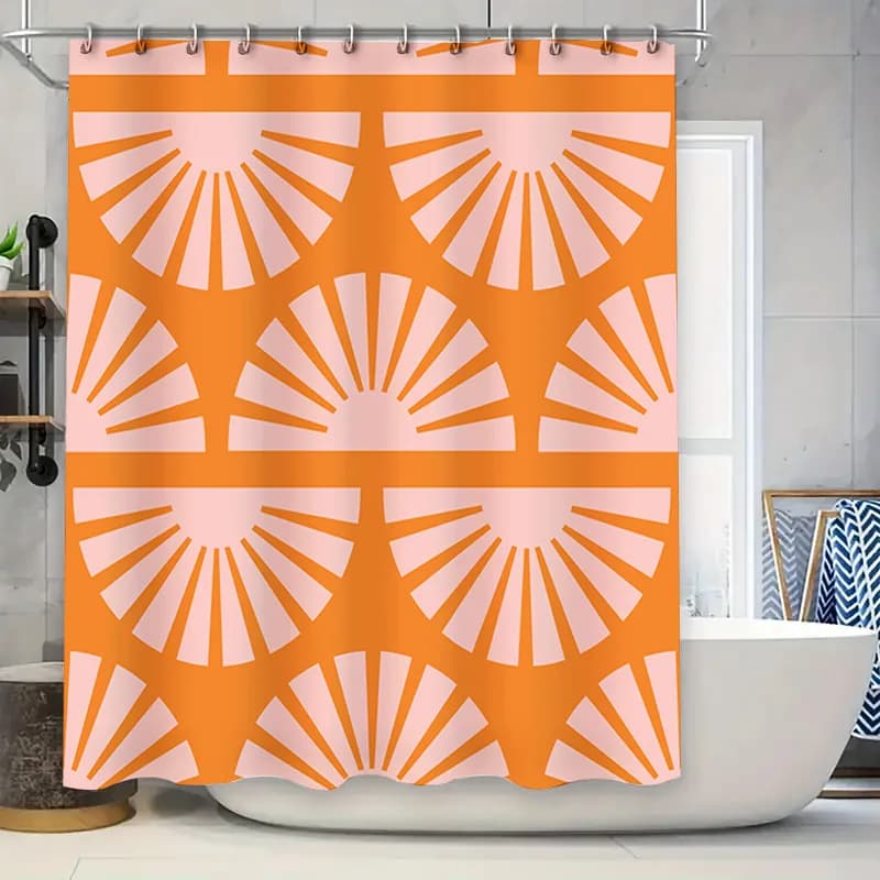 Tenda da doccia con motivo Sunburst, chiusure per doccia in tessuto decorativo arancione rosa per bagno, set di tappetini da bagno impermeabili con anelli