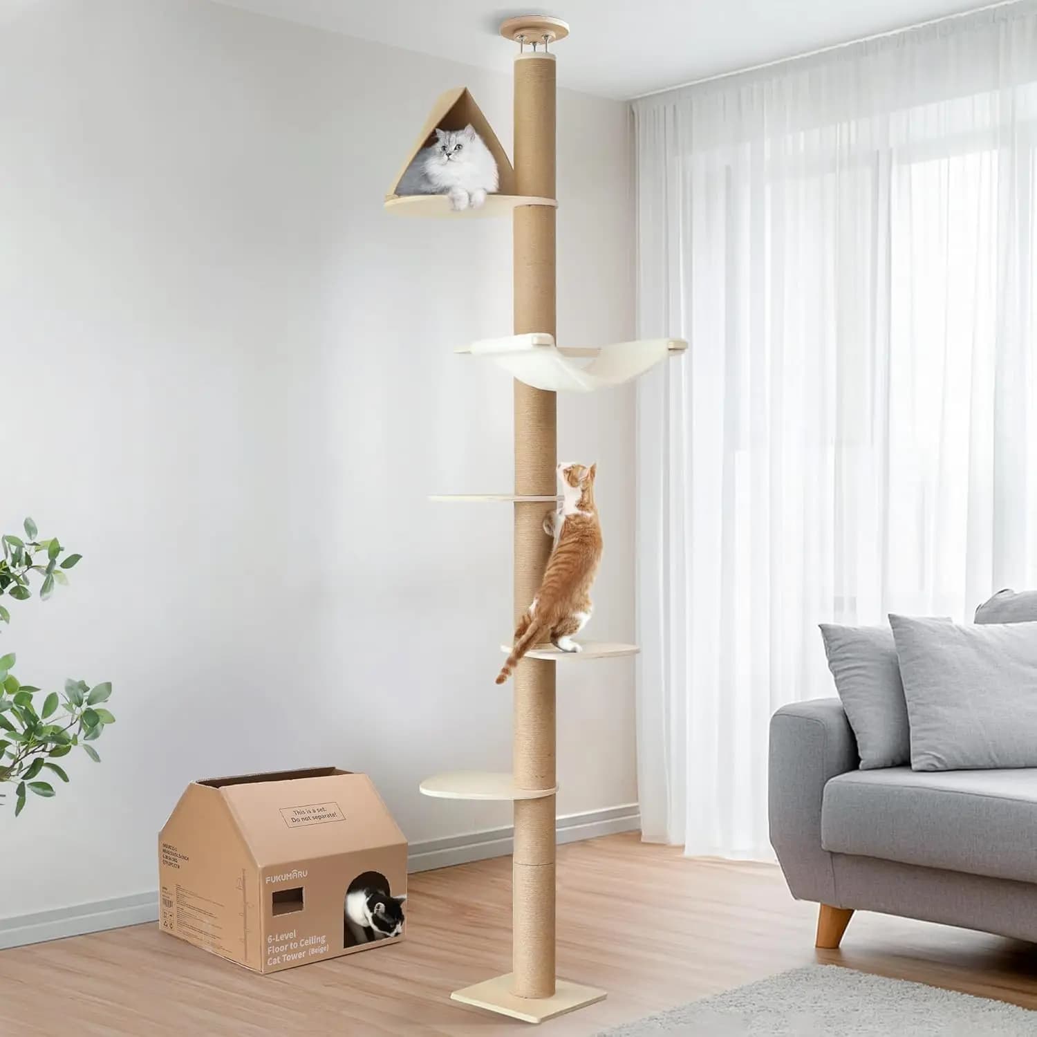 Albero per Gatti Regolabile a 6 Livelli, Torre di Arrampicata da 1,8-3 m con Amaca, Beige