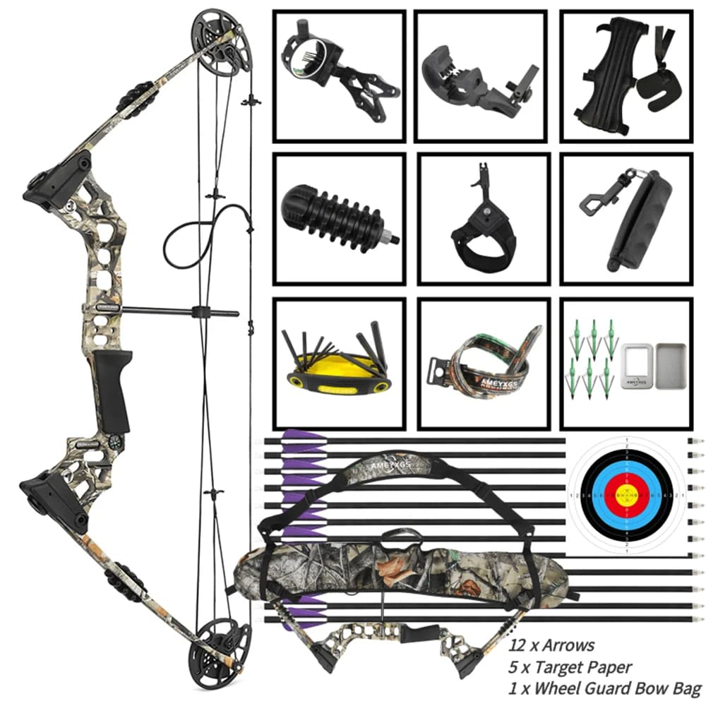 Archery 20-70 Lbs Pulley Bow 320FPS Compound Bow Carbon Arrows Sight Release Right Hand Hunting Outdoor Shooting Target Practice
