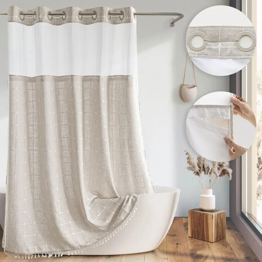 Rustic style testurized linen shower curtain with set of snap covers, without need of hooks, with tassels for rustic bathroom furniture, with wind