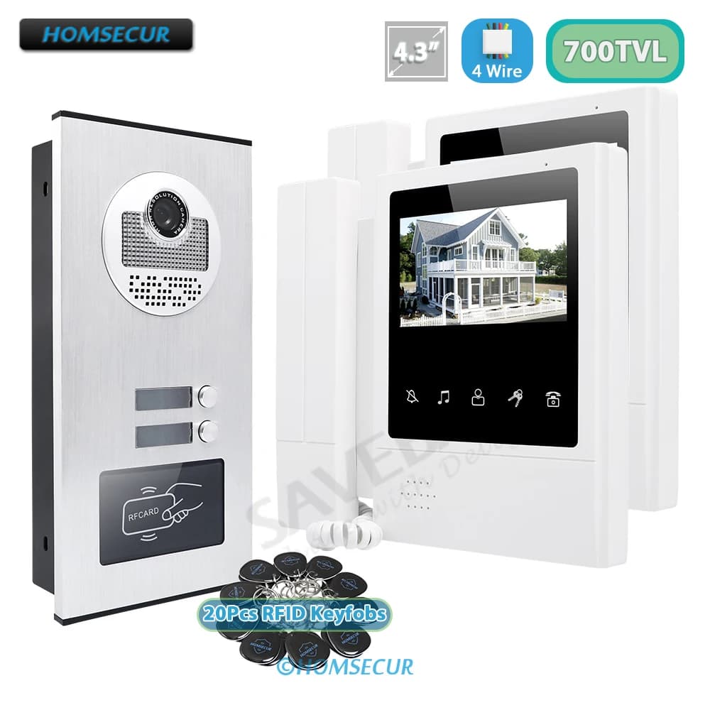 HOMSECUR 4 fili 4.3 "videocitofono citofono con ricevitore 700TVL campanello telecamera visione notturna accesso RFID per 2 appartamenti