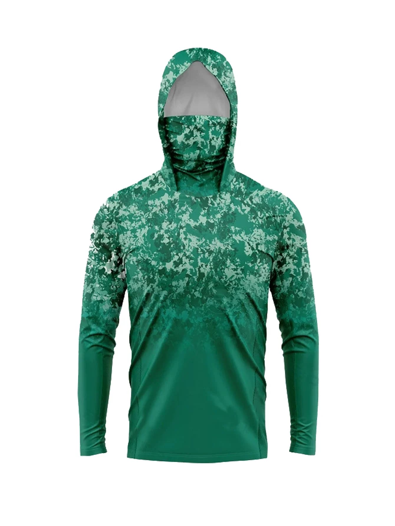Men UPF50+ Sun Protection Fishing Hoodie With Face Mask Green Digital Camo Quick Dry Anti‑UV Boating Hunting Long Sleeve Shirt