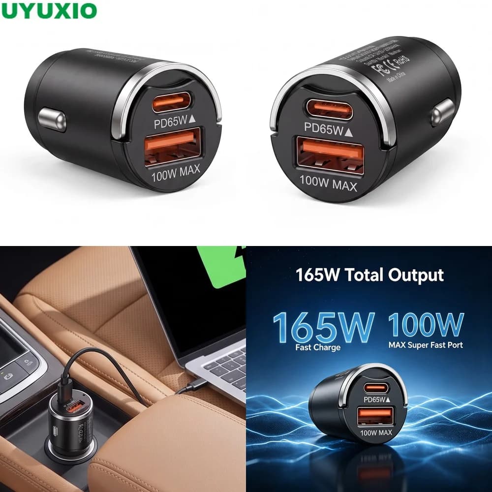 165W Travel Car Charger PD 65W USB C and 100W USB A Charging Ultra Compact Flush Mount Design for Multiple Mobile Devices