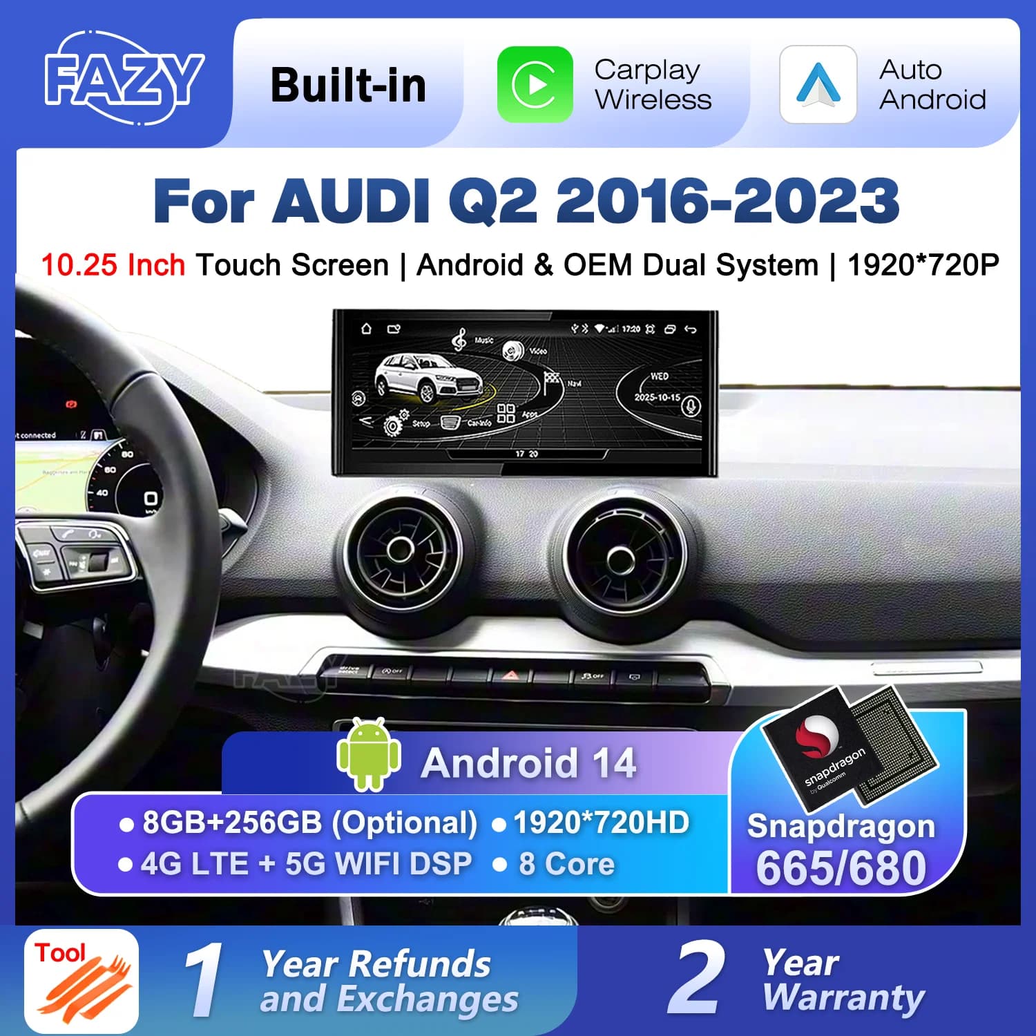 Autoradio Android 14 from 10.25''' with Carplay Wireless for Audi Q2 2016-2023, Stereo Multimedia Car Reader with GPS Navigation, DSP, 4G SIM, WIFI