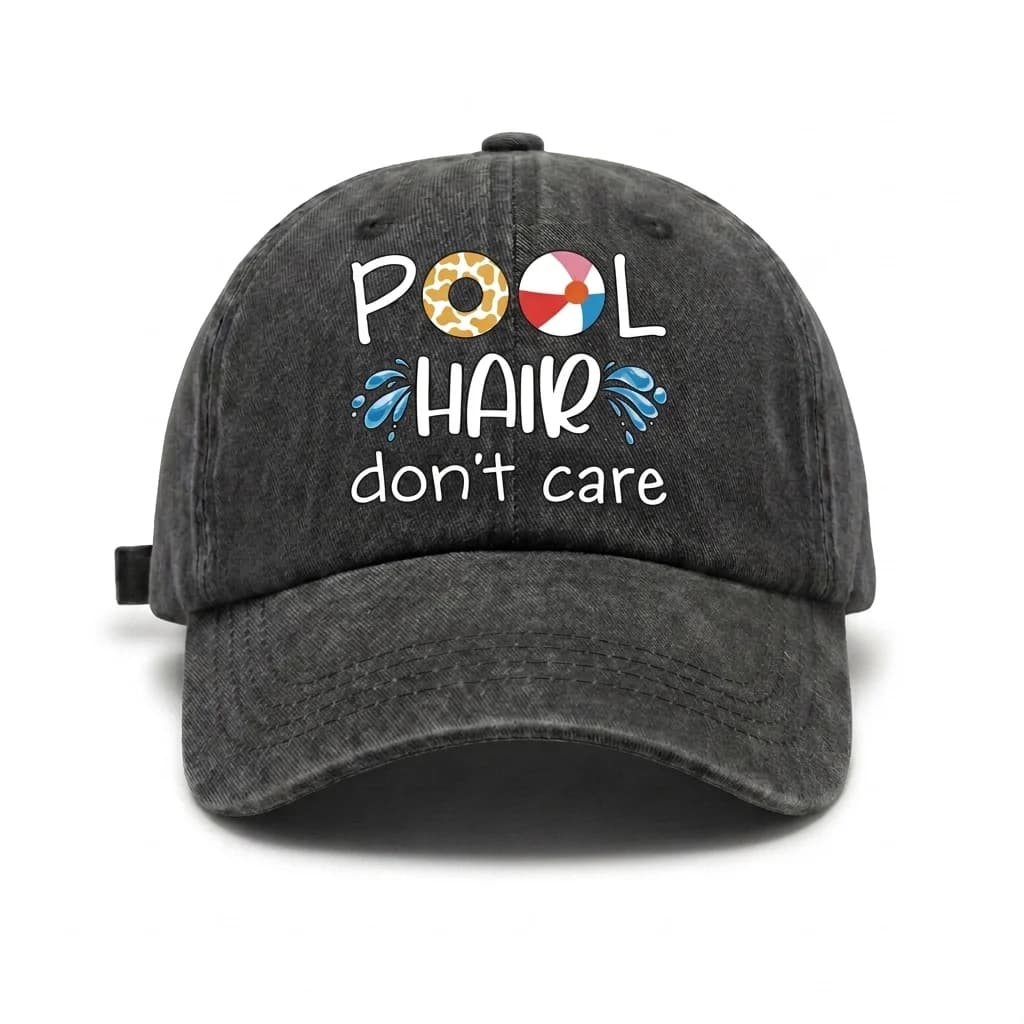 Vintage Washed Pool Hair Quote Graphic Baseball Cap, Adjustable Unisex Dad Hat, Swimming Vacation Gift for Women