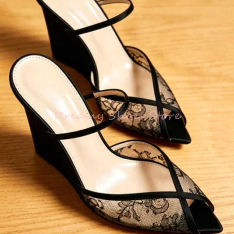 Black Lace Mesh Slip On Wedges Heel Mules Slippers Women One Strap Open Pointed Toe Sandals Elegant Fashion Party Prom Shoes