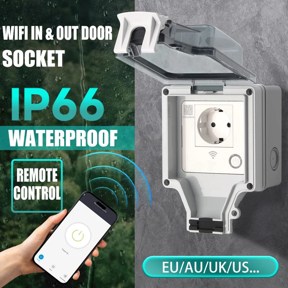 Smart Outdoor Socket IP66 Waterproof 16A 250V EU Wall Plate Tuya Wifi Remote Control for Bathroom Gardens Electrical Use