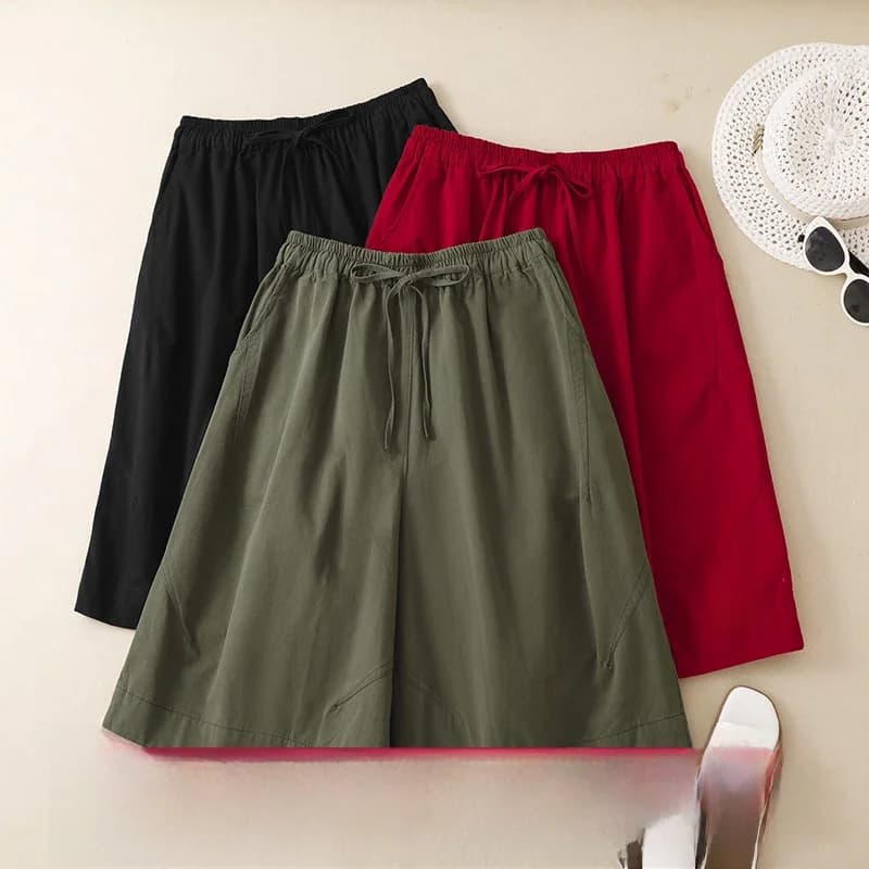High Waist A-Line Cotton Shorts Women's Loose plus Size Five-Quarter Casual Wide Leg Pants Lazy Style Summer Fashion